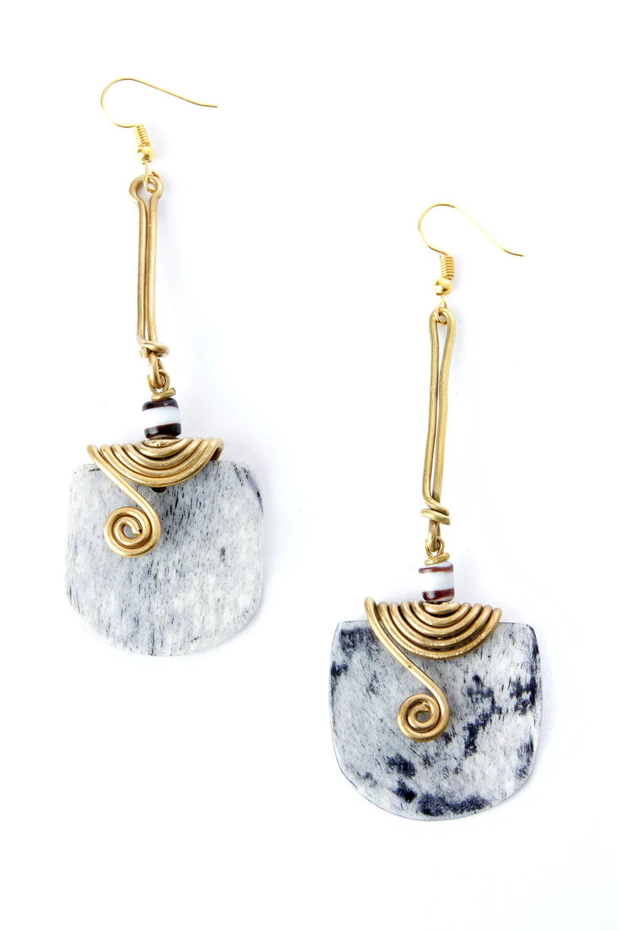 Gray Bone & Brass Curl Earrings from Kenya