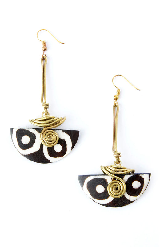 Batik Cow Bone & Brass Curl Earrings from Kenya