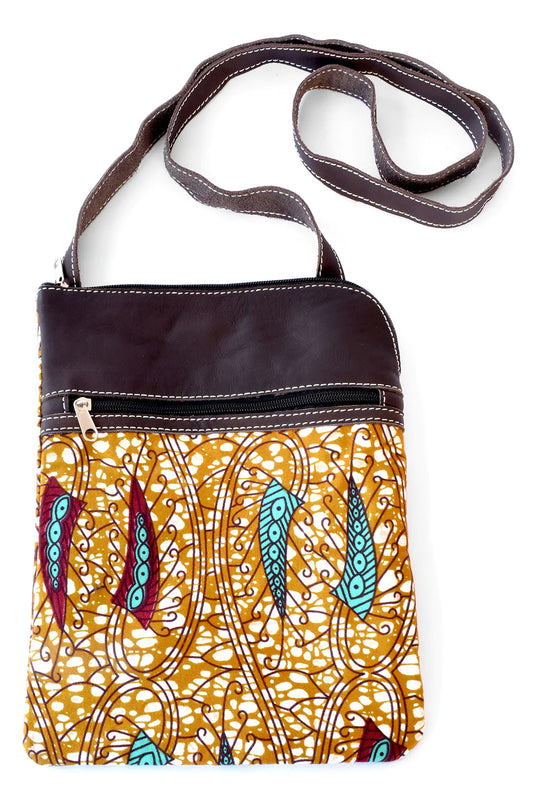 Zambian Chitenge Cloth and Brown Leather Cross Body Bag